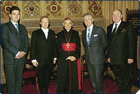 Cardinal Pompedda visits the Houses of Parliament hosted by Lord Brennan and receives formal welcome addresses and parliamentary motions